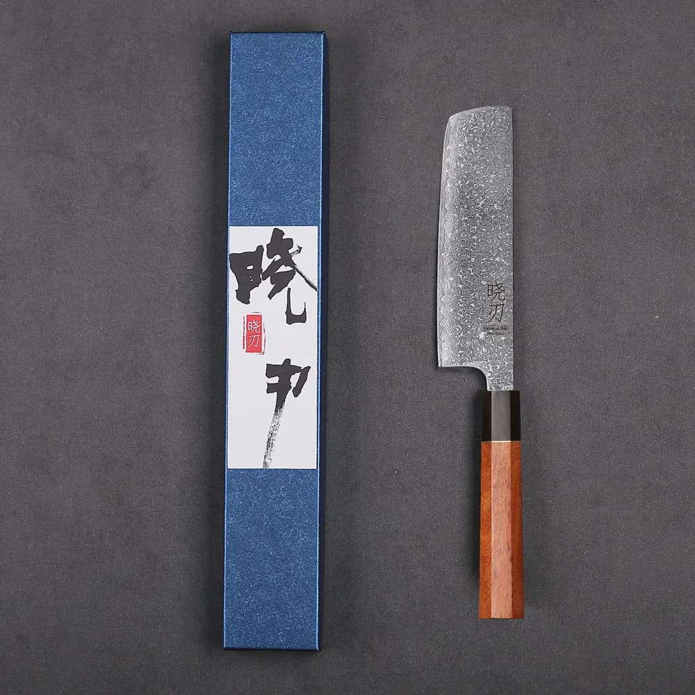Faca japonesa nakiri de 6,5 polegadas, 67 camadas, aço damasco, com bainha azul e caracteres chineses