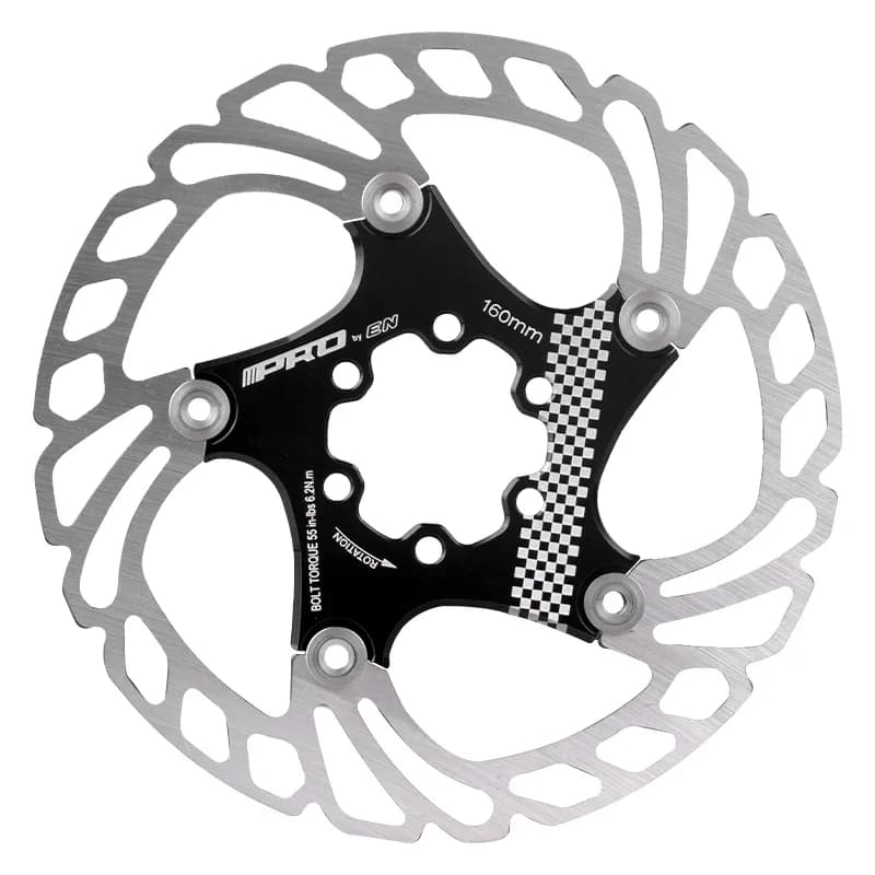 Rotor de freio a disco preto com aro prateado e 6 furos para freio hidráulico 160mm