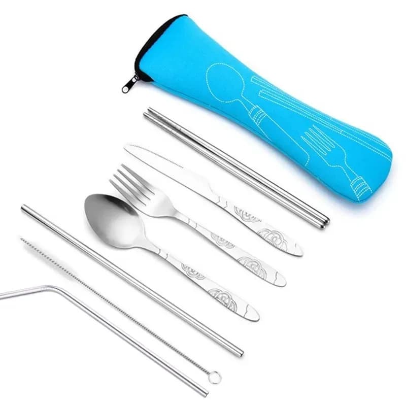 Conjunto de utensílios de aço inoxidável com saco de pano azul