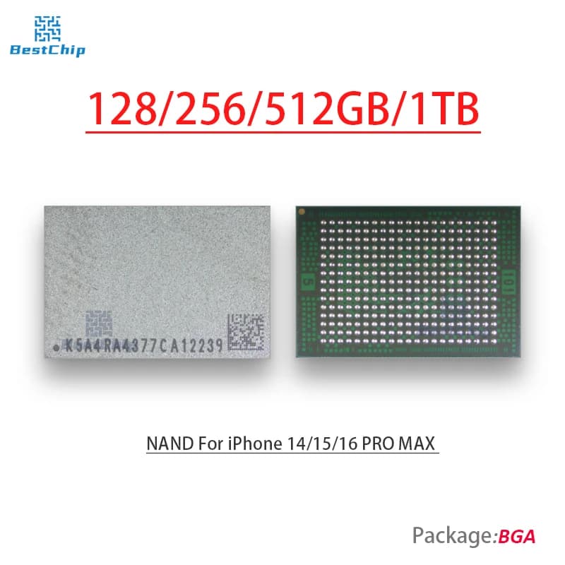 Chips de memória flash para iPhone 14/15/16 Pro Max, capacidades de 128GB, 256GB, 512GB e 1TB.