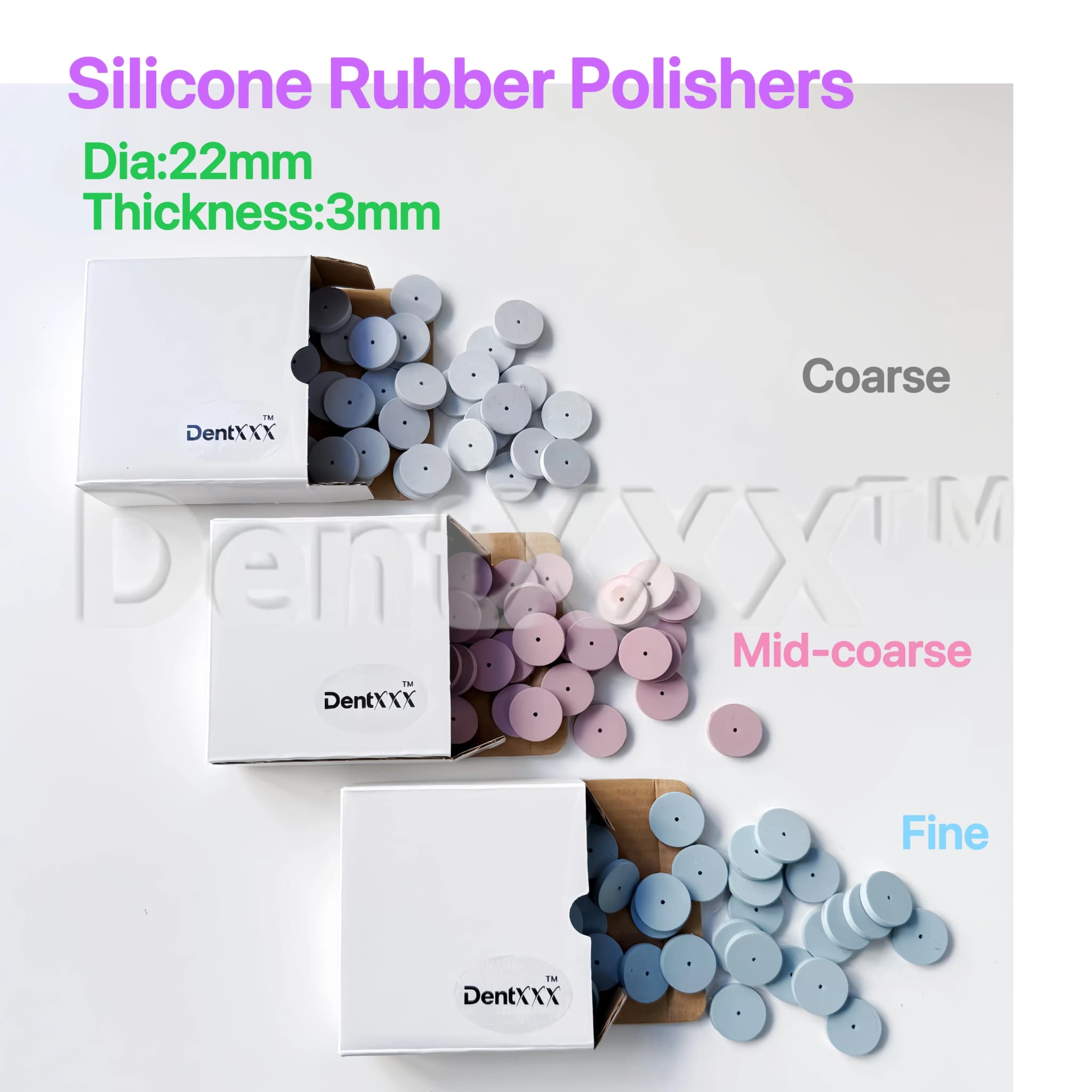 Caixas de polidores de silicone com diferentes níveis de grão: grosso, médio-grosso e fino