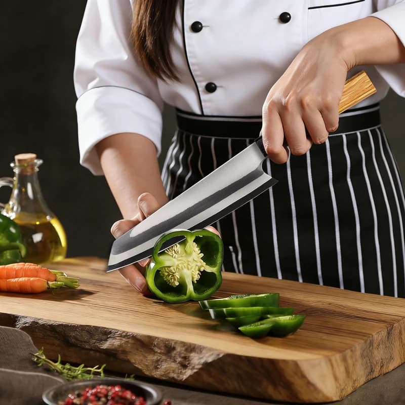 Faca de chef Kiritsuke com lâmina em aço Damasco 7 camadas cortando pimentão verde em tábua de madeira