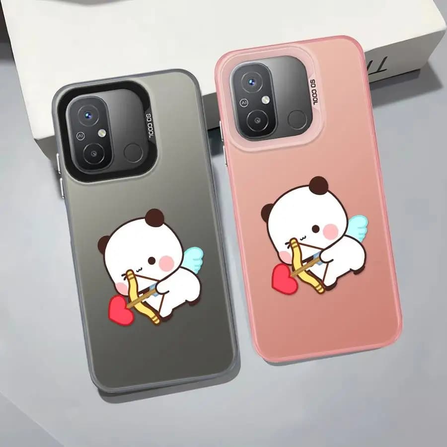 Capas rosa e cinza para Xiaomi Redmi Note com desenho de urso fofo segurando arco e coração vermelho