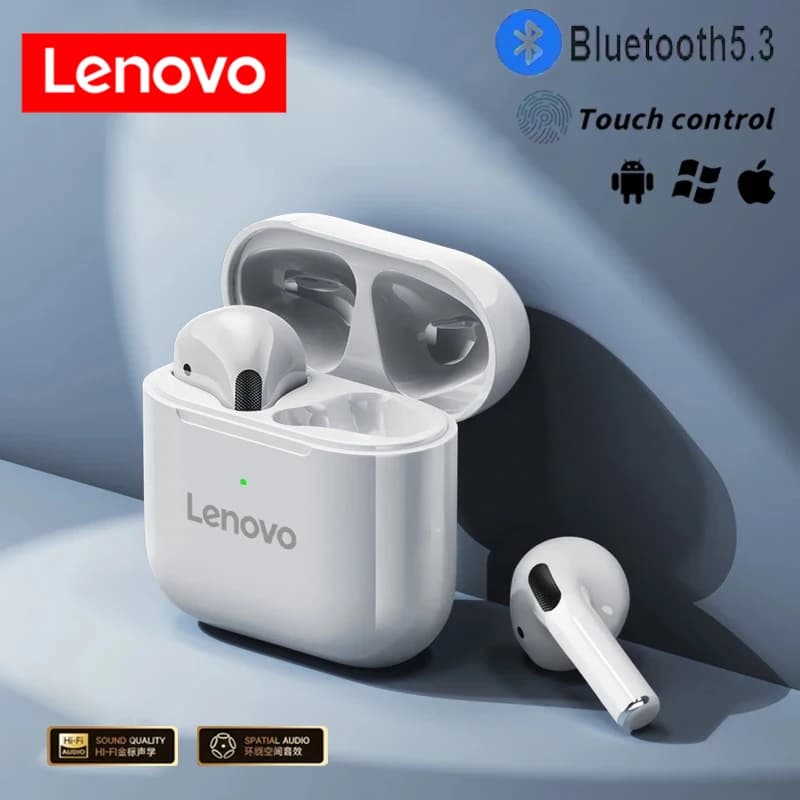 Fones de ouvido sem fio Lenovo Pro4 TWS brancos com estojo de carregamento e fone com botão de toque
