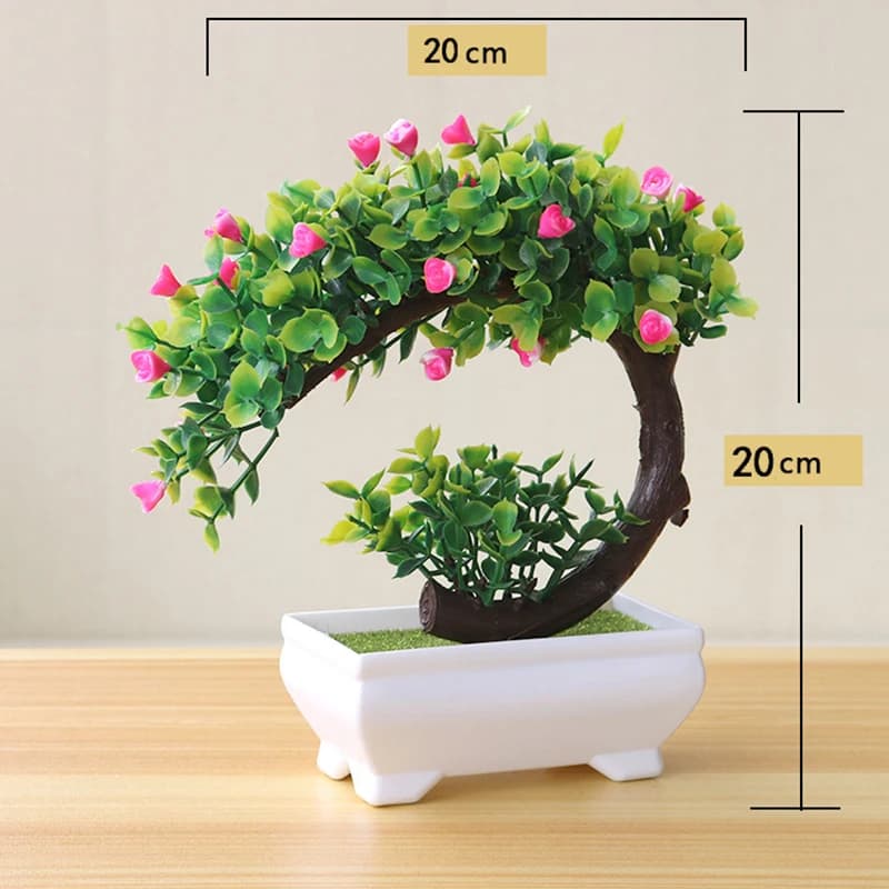 Árvore bonsai artificial em vaso branco com flores rosa
