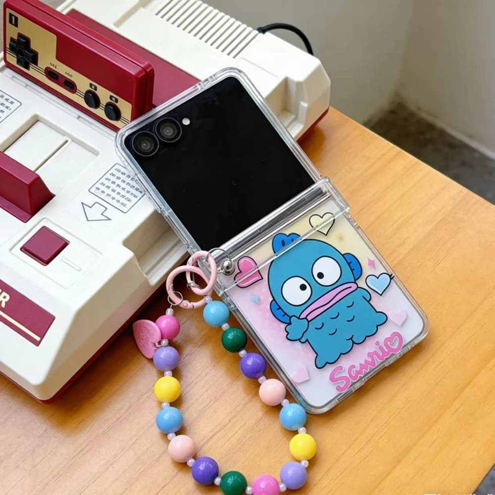 Capa dura TPU Sanrio Hangyodon para Samsung Galaxy Z Flip com cordão colorido e design transparente