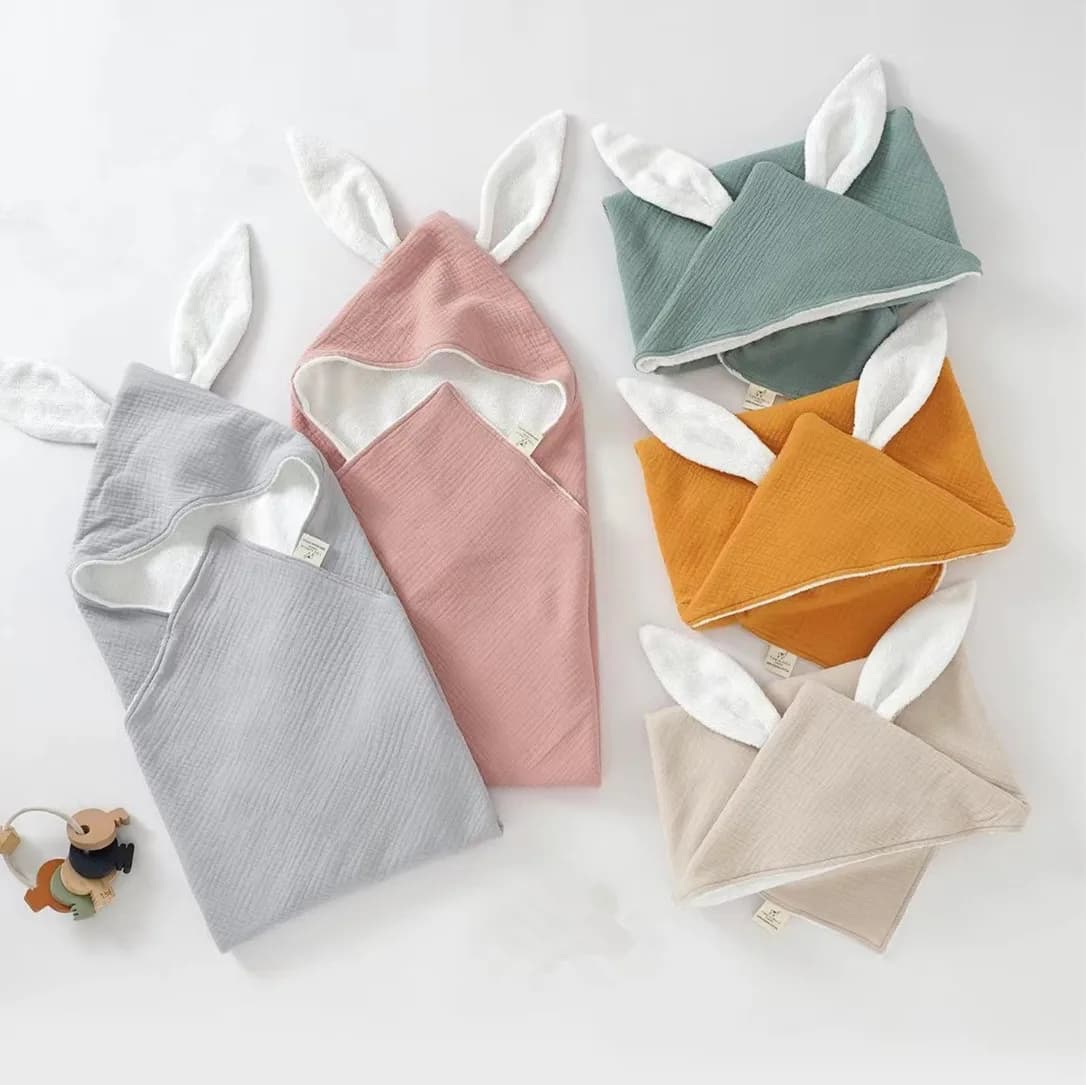 Toalhas de banho para bebês com capuz em forma de orelhas de coelho em cores rosa, cinza, verde e bege