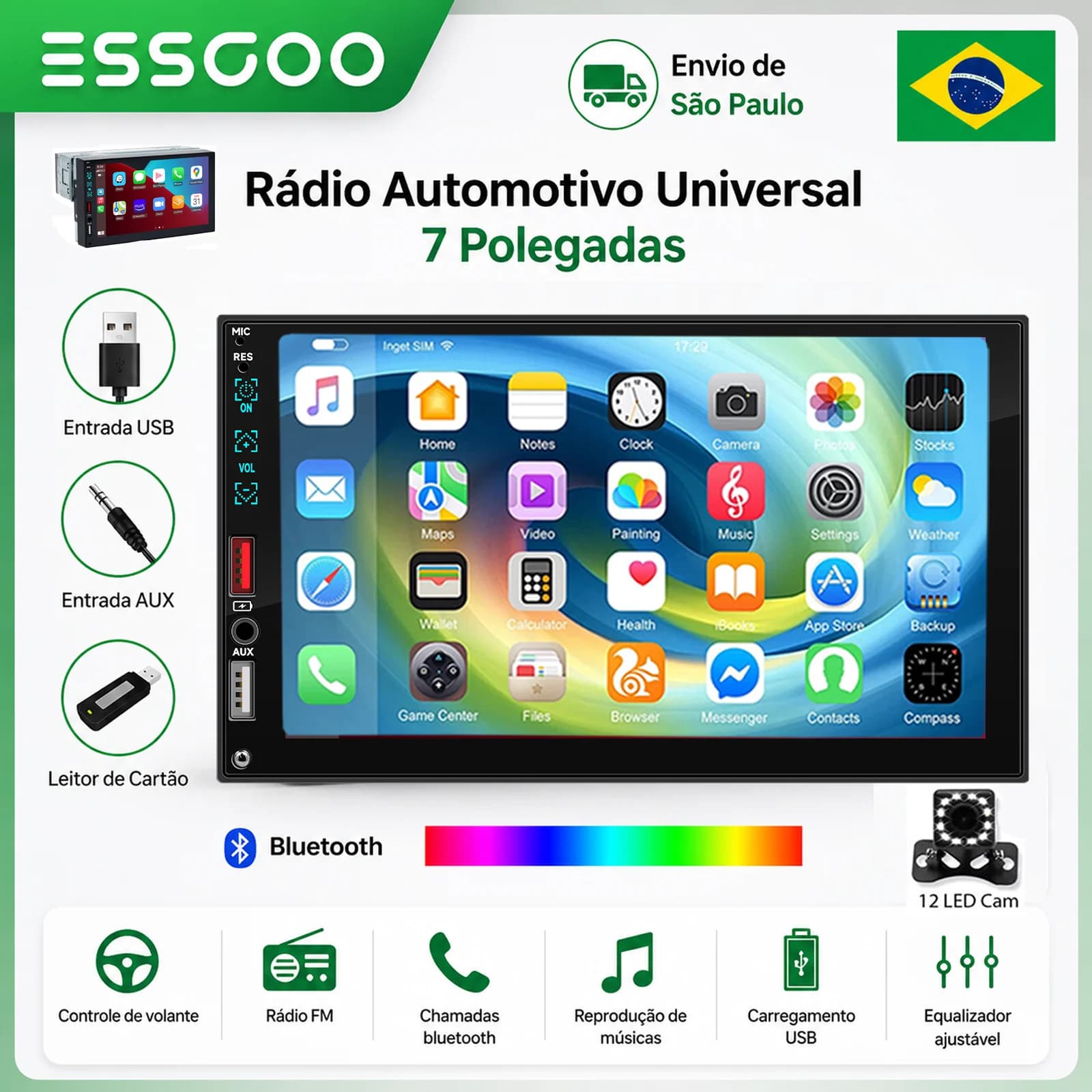 Rádio Universal para Carro ESSGOO 7 Polegadas 1 Din Multimídia MP5 FM Entrada ISO Alimentação Aux Bluetooth USB Autorádio