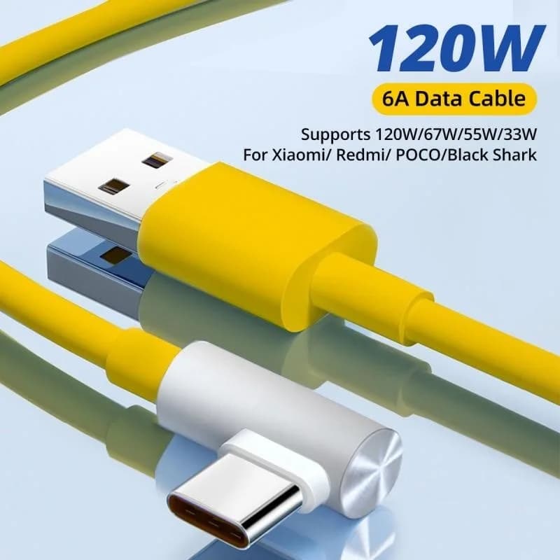 Cabo de dados USB Tipo C Xiaomi amarelo com conector USB e carregamento rápido 120W 6A