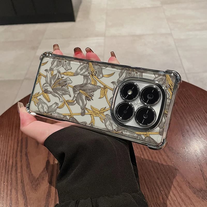 Capa de silicone transparente para Xiaomi Redmi 15 4G com padrão floral em tons dourado e cinza