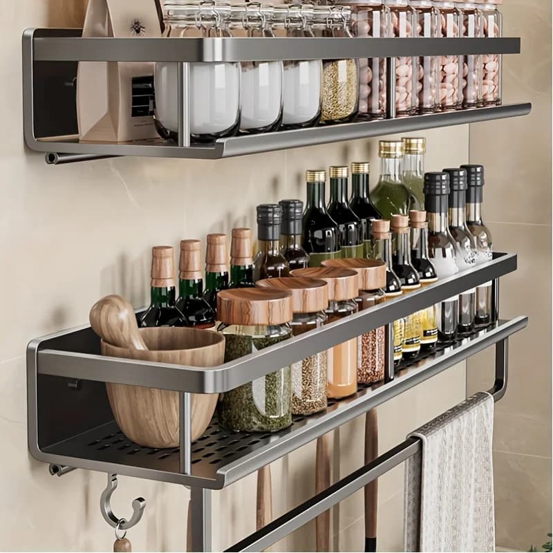 Prateleira de cozinha de parede de alumínio, Spice Storage Rack, Gestão do espaço, Multifuncional, Acessórios de cozinha, Solução