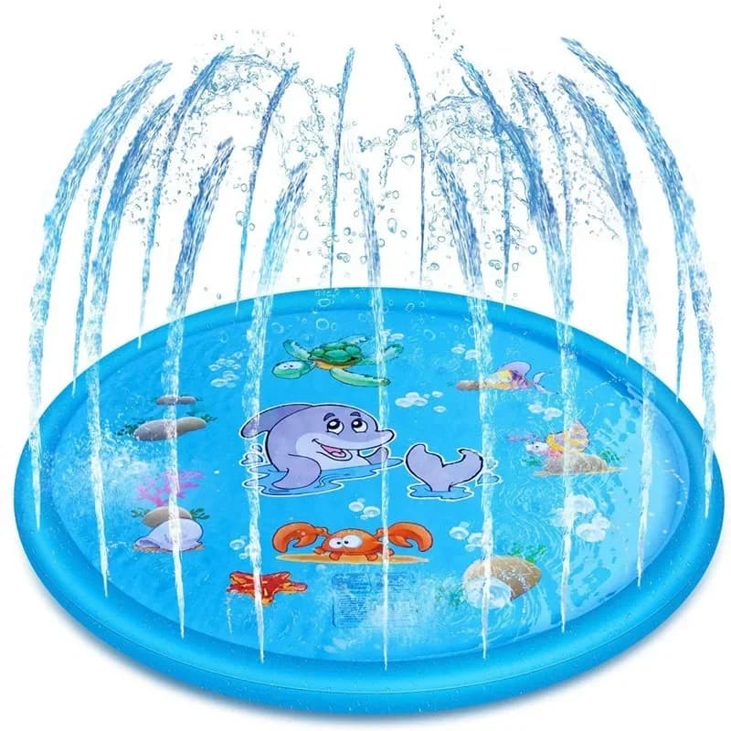 Tapete inflável infantil azul com desenhos de animais marinhos e jatos de água em arco