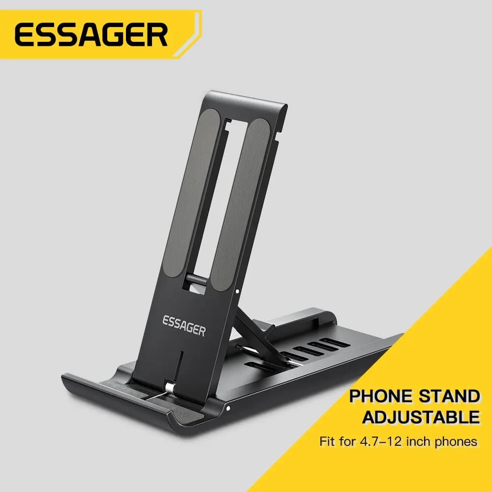 Suporte de mesa portátil preto dobrável para celular, ajustável, compatível com celulares de 4,7 a 12 polegadas