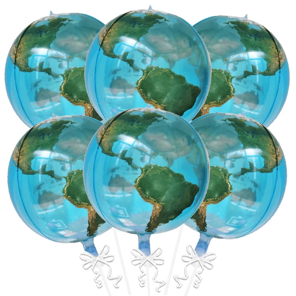 Kit 6 balões decorativos 4D azul com estampa do globo terrestre 22 polegadas