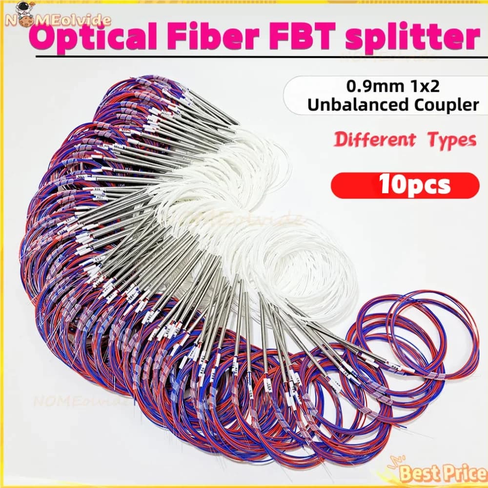 Fibra óptica FBT divisor, divisor FBT, 50, 20, 80 tipos diferentes, 1x2, 0.9mm, acoplador desequilibrado sem conectores, 10pcs