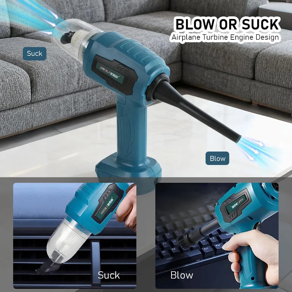 Aspirador e soprador portátil azul com design de motor turbina para soprar e sugar sujeira