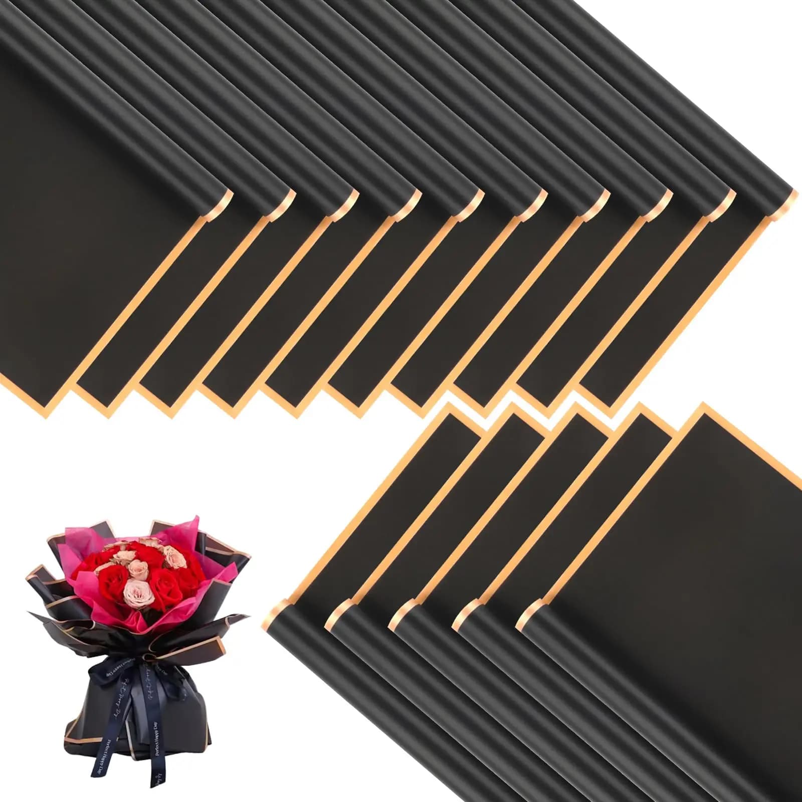 20 folhas de papel de embrulho de flores pretas com bordas douradas, suprimentos de buquê de florista coreano, embalagem à prova d'água, ótimo para diy cr