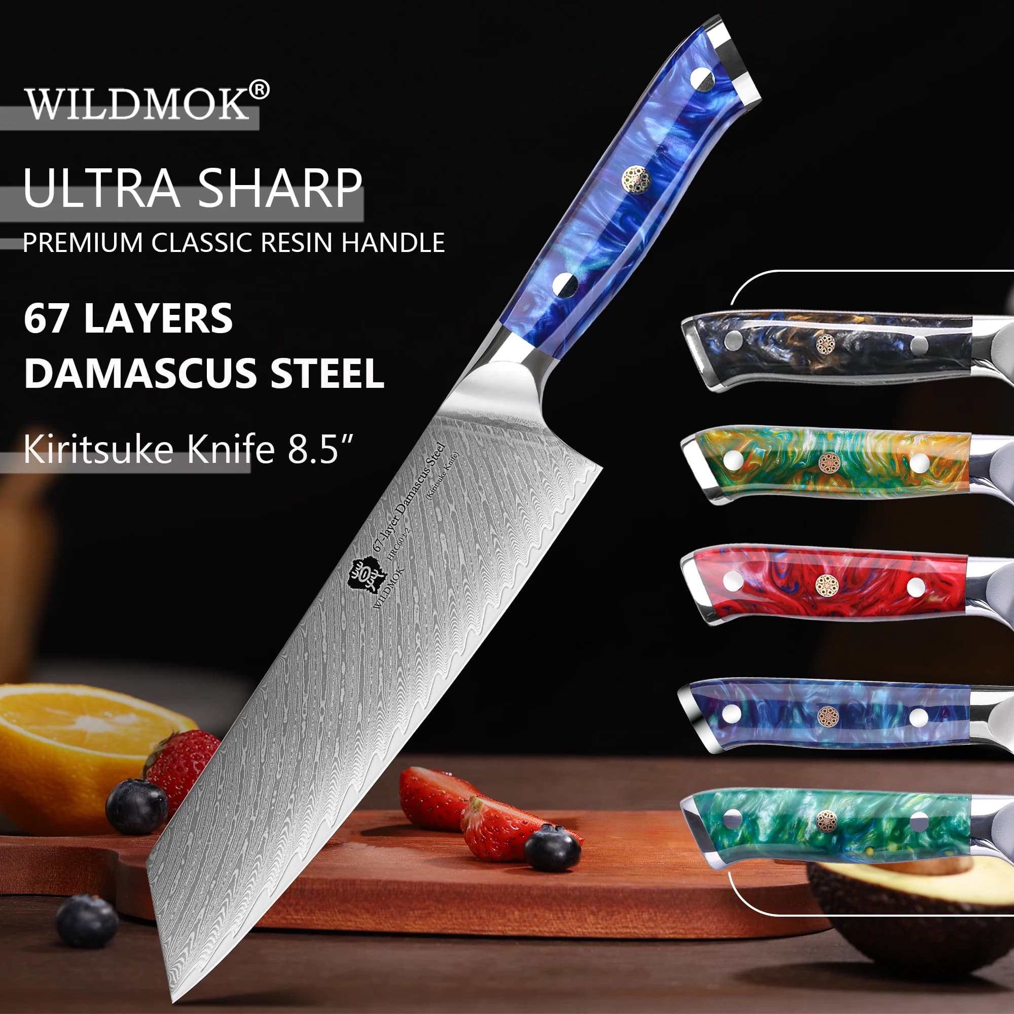 Faca de cozinha WILDMOK com cabo azul e lâmina damasco de 8,5 polegadas cortando carne vermelha