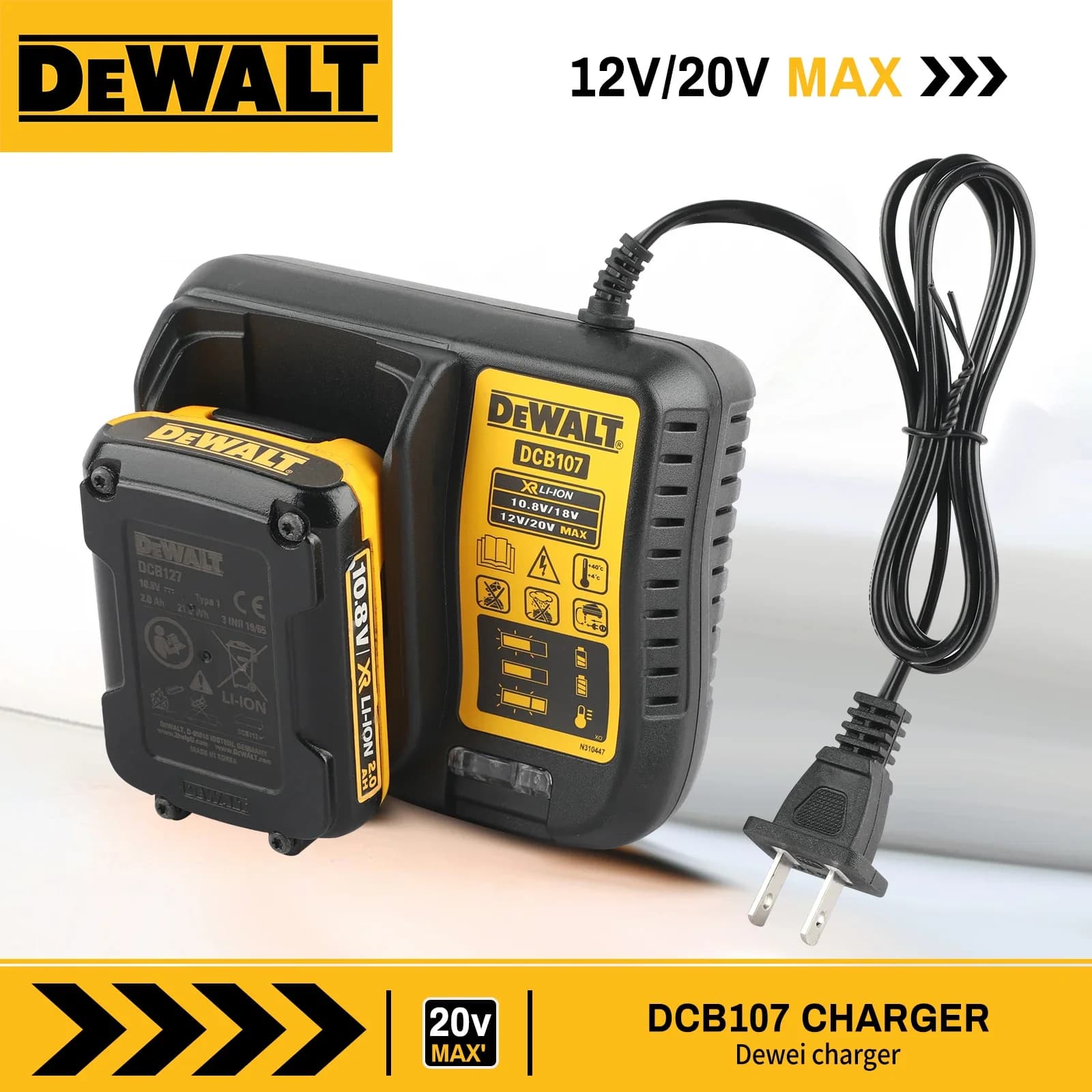 Carregador Dewalt NEW2026 089LG DCB107 compatível com baterias de lítio de 10.8V, 12V, 18V, 20V, para ferramentas elétricas de nível laser DW089LG.
