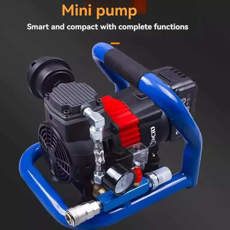 Mini compressor de ar portátil preto e azul com texto 'Mini pump' e 'Smart and compact with complete functions'