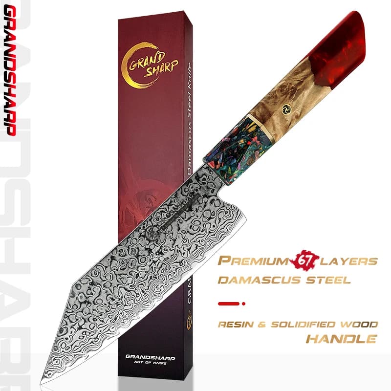 Faca de cozinha japonesa Grand Sharp com cabo de madeira e resina, padrão damasco em aço inoxidável.