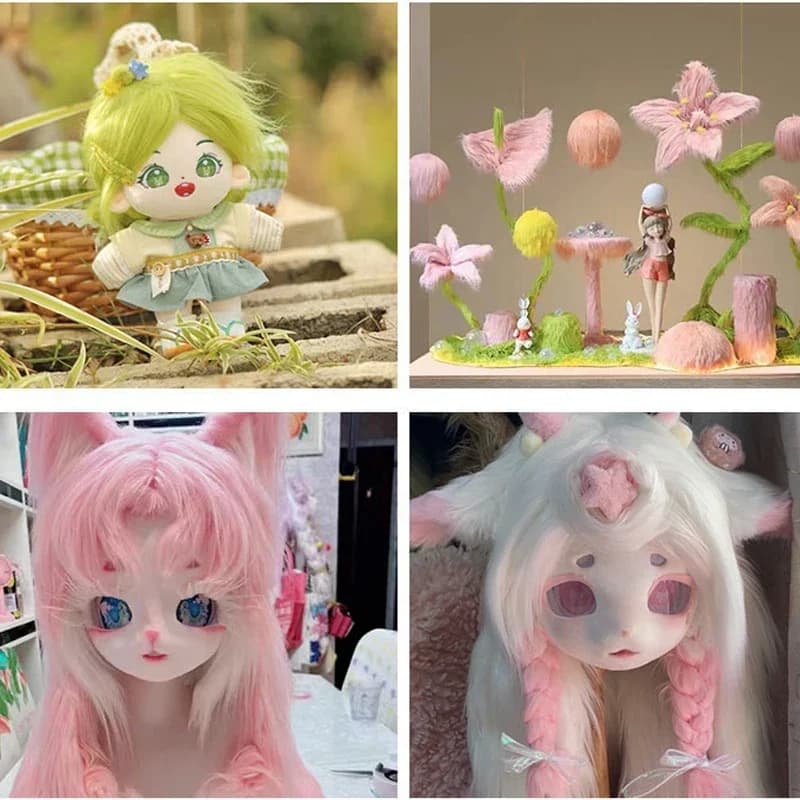 Bonecas artesanais com cabelo de tecido de pele sintética macia pelo longo branco para decoração