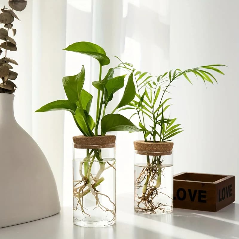 Vasos de vidro hidropônico transparentes com plantas verdes e tampa de cortiça, decoração elegante para escritório