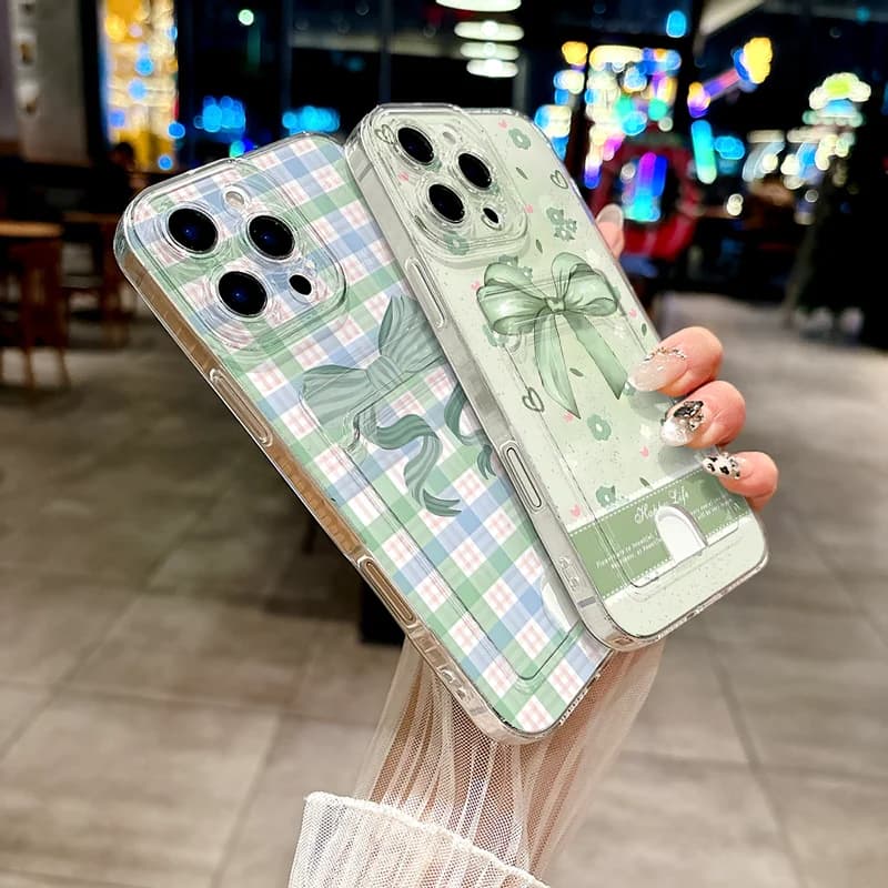 Kit 2 capas para celular Poco Xiaomi transparentes com detalhes florais e laço verde, carteira integrada