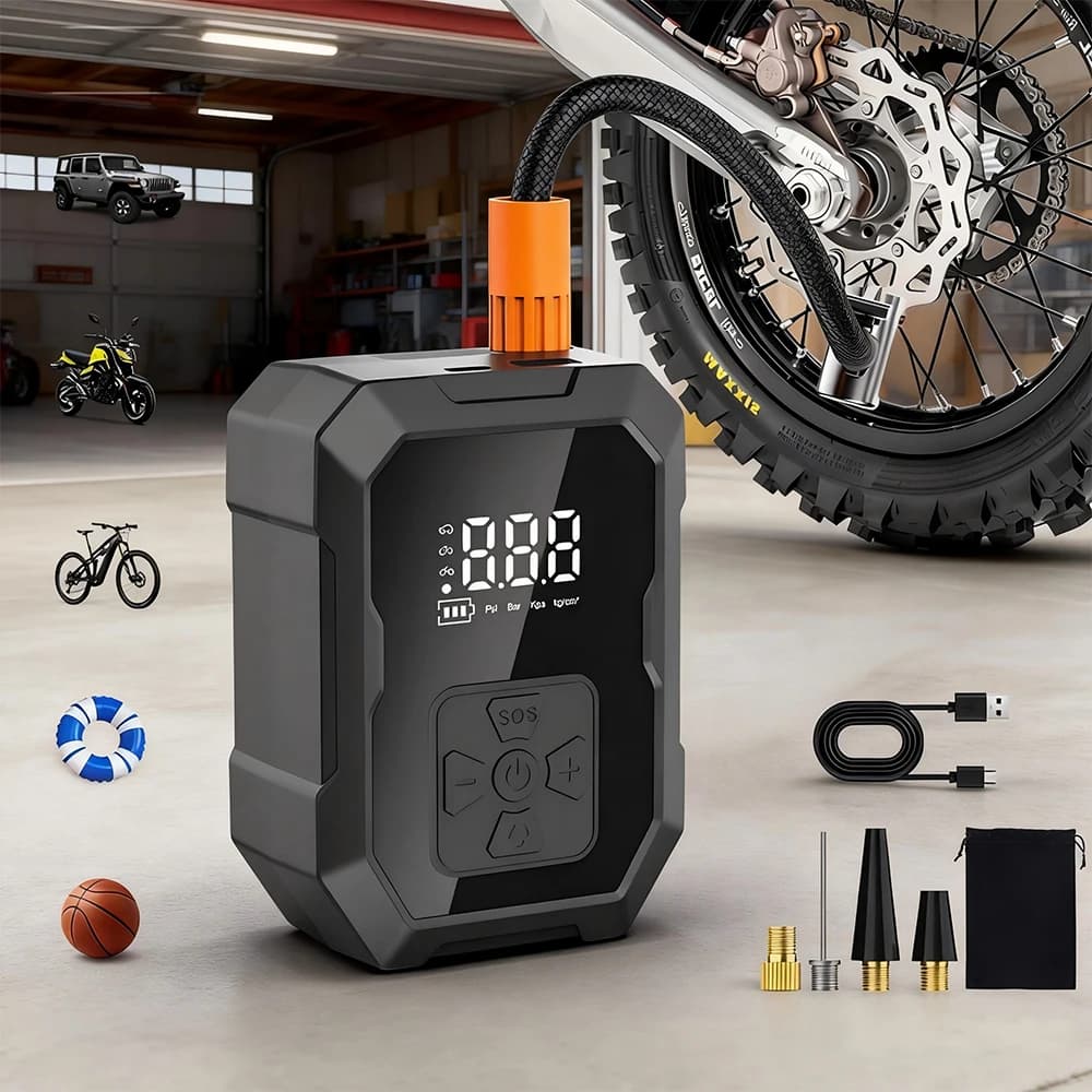 Bomba de ar elétrica portátil YIJU para pneus de motos, carros e bicicletas, com kit de reparo e cabo USB.