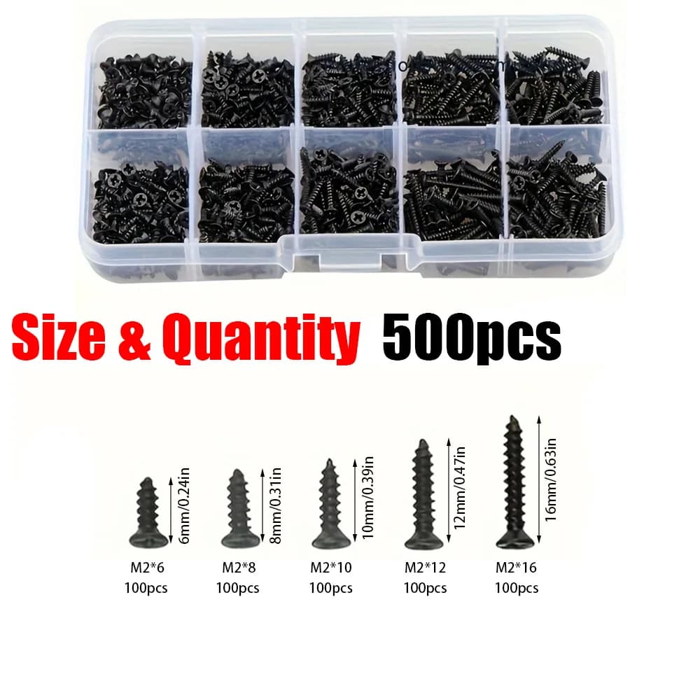 Kit parafusos auto-roscantes M2 preto alta resistência 500 peças tamanhos 6 a 16mm organizados em estojo plástico