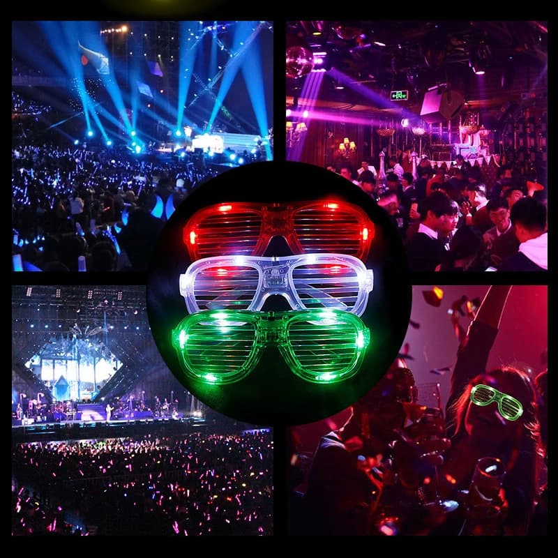 Óculos de festa LED neon verde, vermelho e branco com brilho no escuro em ambiente de show e balada