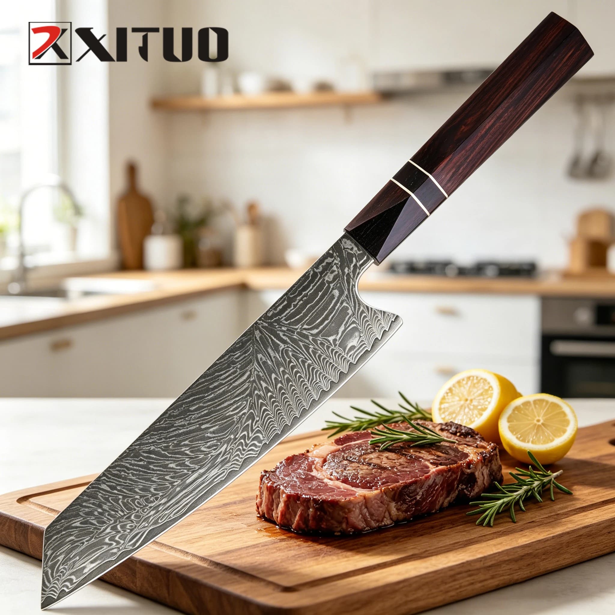 Faca Kiritsuke Japonesa XITUO de 8 Polegadas, Faca de Chef de Cozinha em Aço Damasco, Faca de Cozinha Afiada com Cabo Hexagonal de Ébano