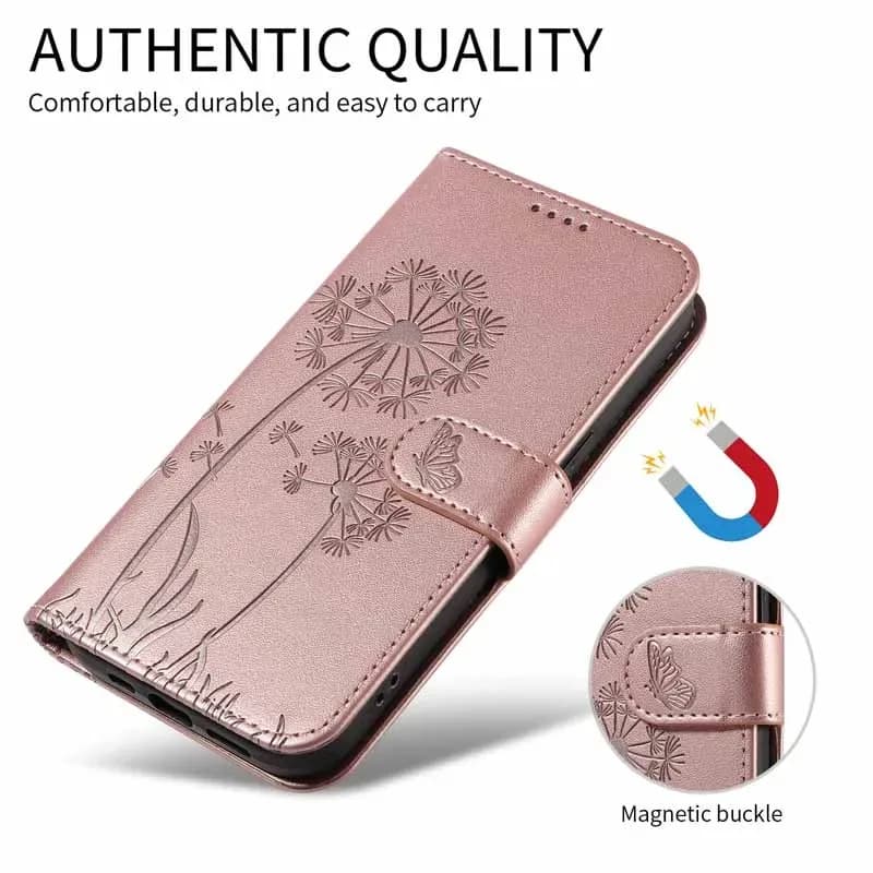Capa para celular rosa de couro com estampa de dente-de-leão e fecho magnético para Redmi Note 8