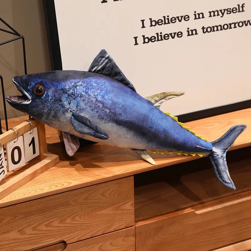 Brinquedo de Pelúcia em Forma de Atum Simulado, Almofada Macia e Fofa para Sofá, Azul com Detalhes em Amarelo