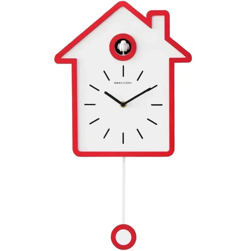 Relógio cuco branco e vermelho em formato de casa, com ponteiros pretos e figura de cuco.
