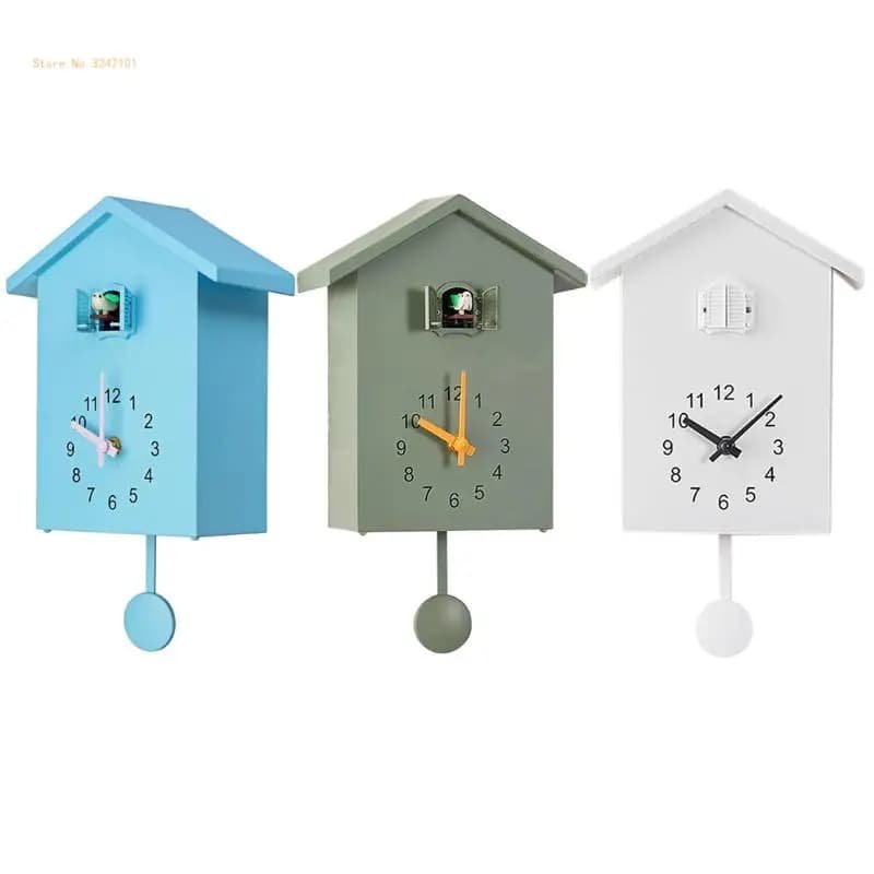 Relógio de parede em forma de ninho de pássaro cuco, azul, cinza e branco, com design moderno.