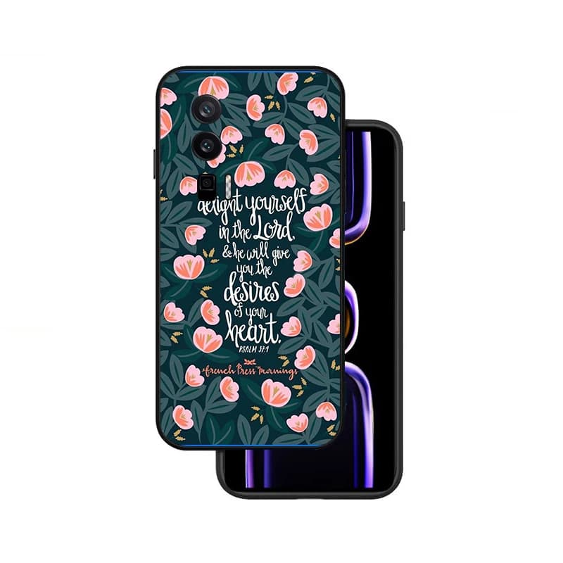 Capa para Xiaomi Mi A3 com design floral verde e rosa e versículo bíblico delight yourself in the Lord