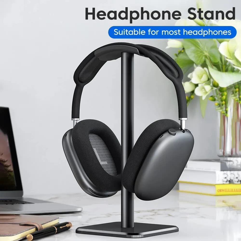Suporte universal para fone de ouvido em liga de alumínio preto, com fones de ouvido, ideal para a maioria dos fones de ouvido
