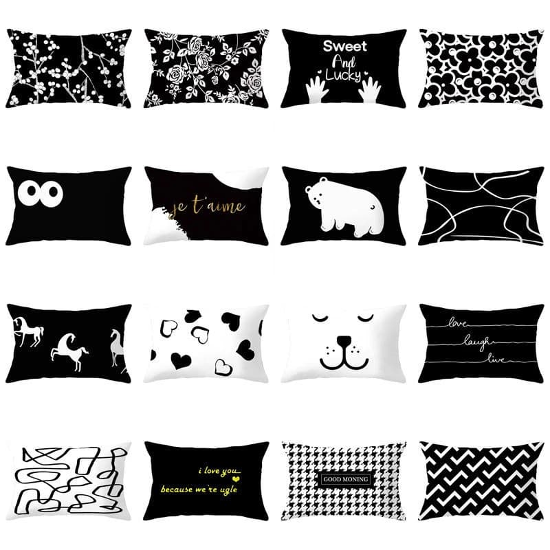 Travesseiros decorativos preto e branco com estampas variadas da linha Sweet And Lucky super macios