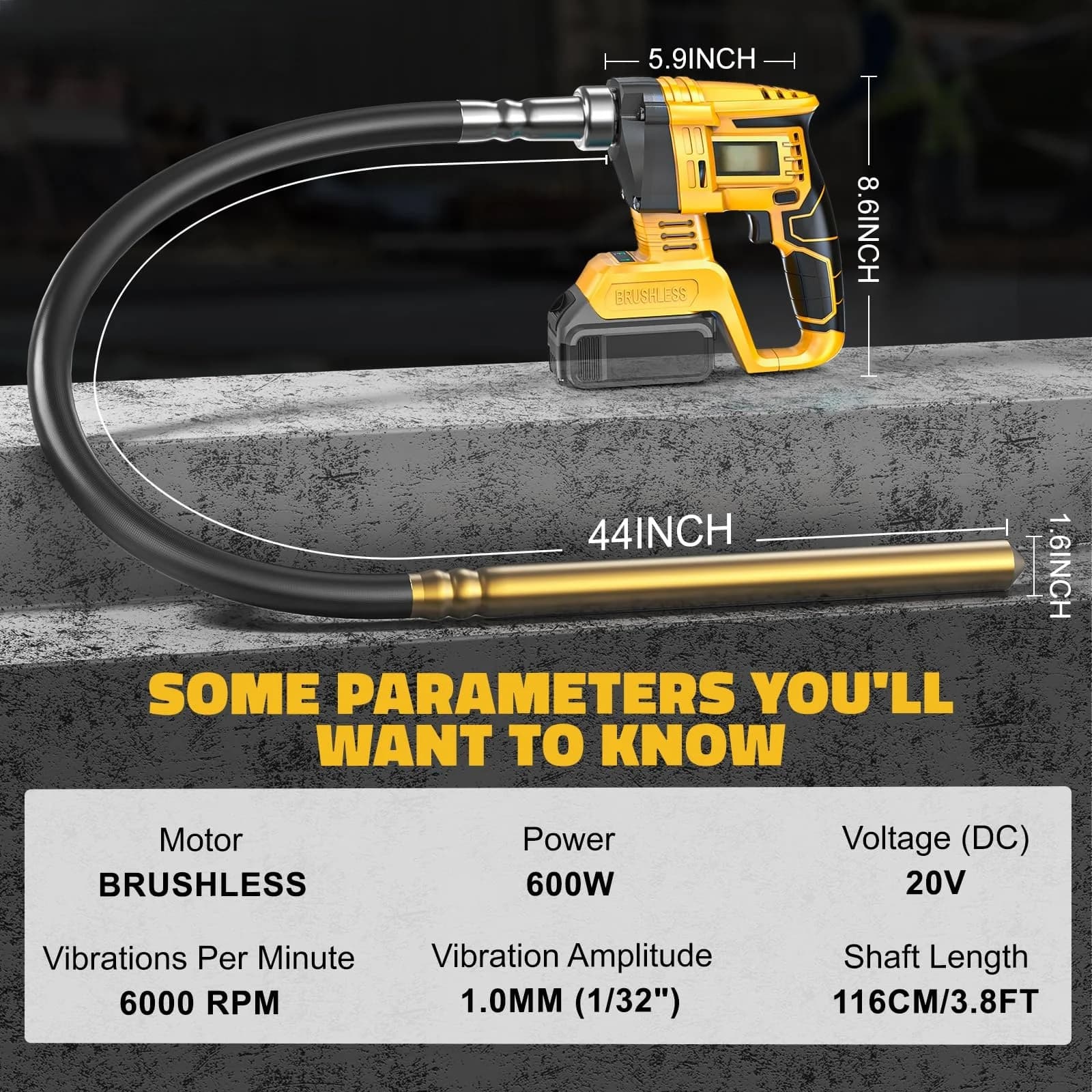 Vibrador de concreto sem escova 6000rpm 600w sem fio portátil compatível com bateria DeWalt 20V