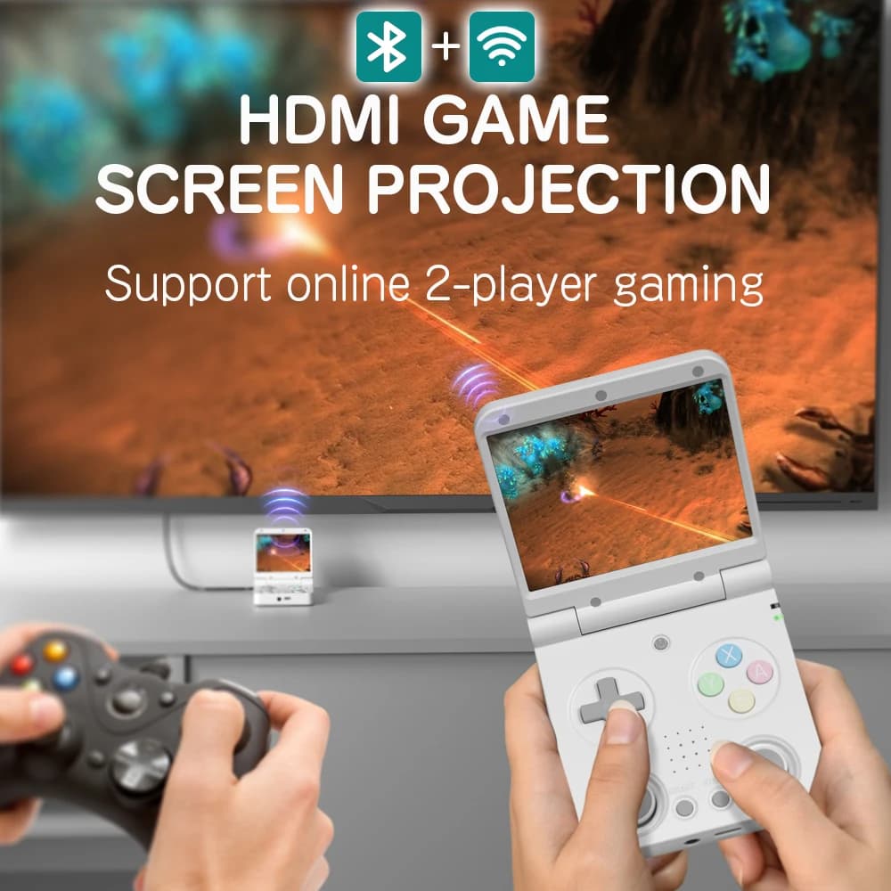 Console Miyoo Flip V2 branco com projeção HDMI para jogos e suporte para multiplayer online