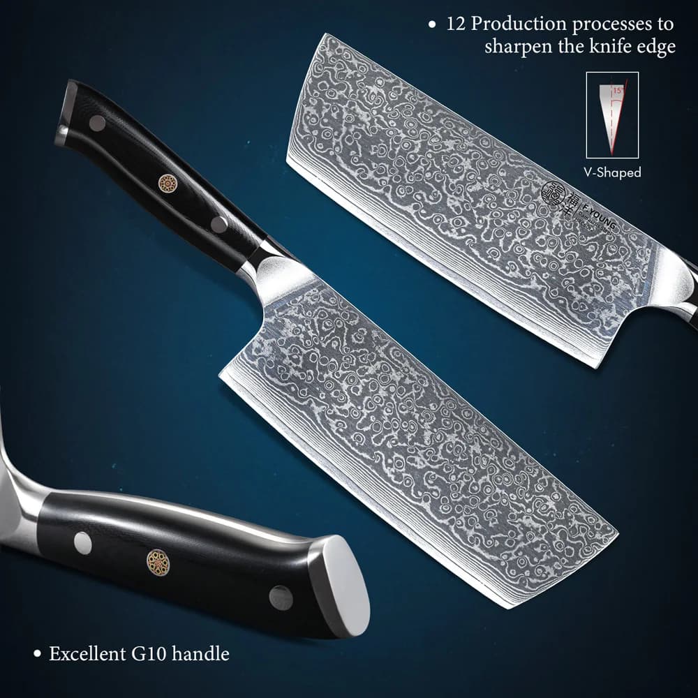 Faca Nakiri profissional F.YOUNG lâmina damasco 67 camadas cabo preto G10 design ergonômico