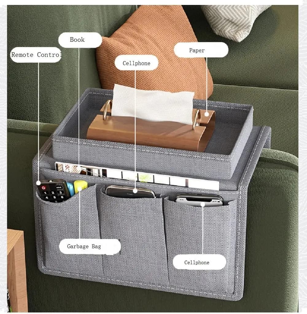 Organizador cinza para braço de sofá com bolsos para controle remoto, celular, livro e suporte para papel