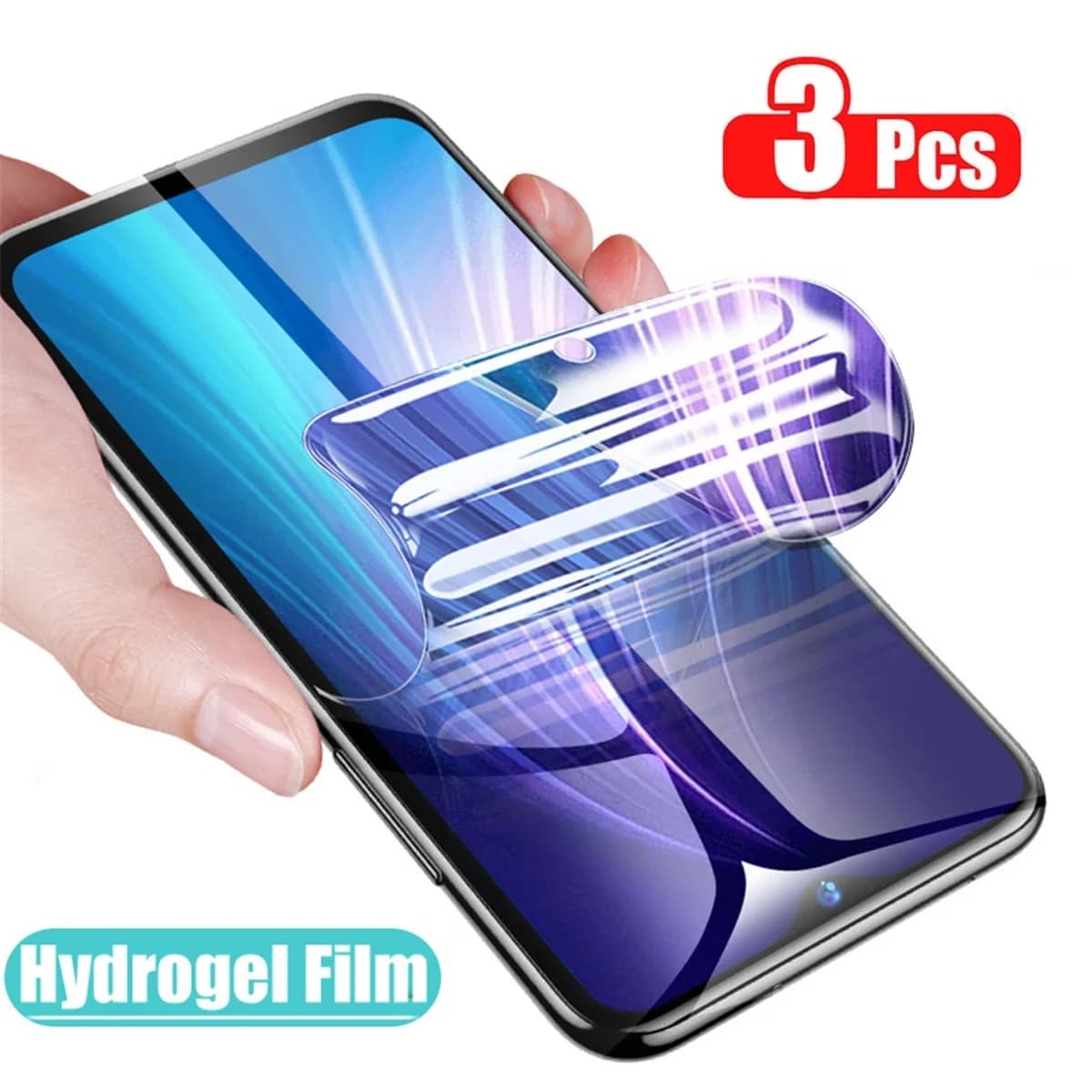 Película de hidrogel transparente para smartphone em uma mão com fundo branco
