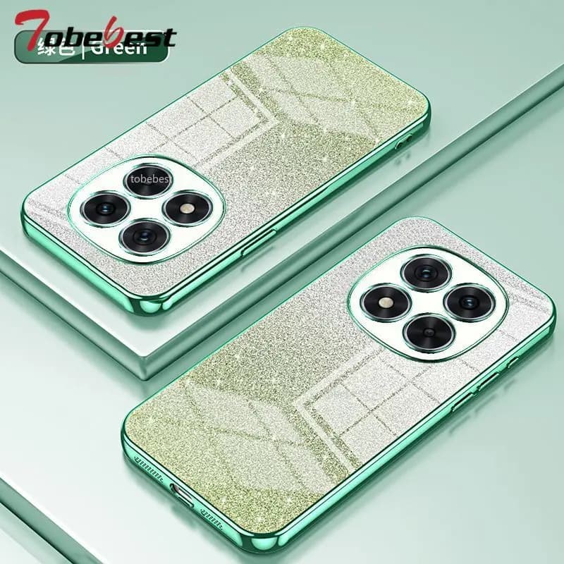 Capa de silicone brilhante com glitter gradiente para smartphone, verde e prata