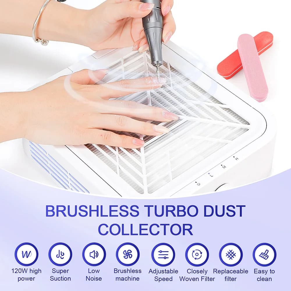 Aspirador de pó para unhas 120w com super sucção, sem escova, extrator de poeira para unhas, ventilador de manicure, aspirador de pó com 2 filtros