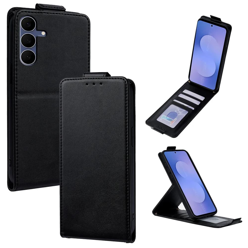 Capa preta para celular Xiaomi Poco com flip vertical e porta-cartões, design em couro sintético resistente