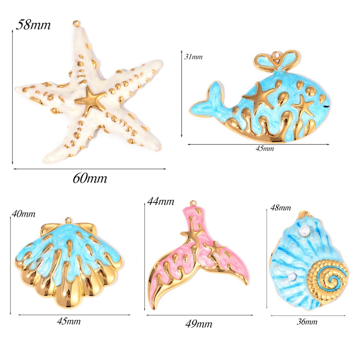 Dimensões dos pingentes esmaltados tema animal marinho em azul, rosa e branco com detalhes dourados