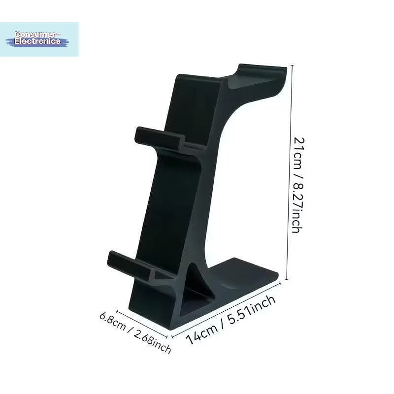 Suporte preto para 2 gamepads e 1 headset gamer, dimensões compactas 21cm altura, 14cm base