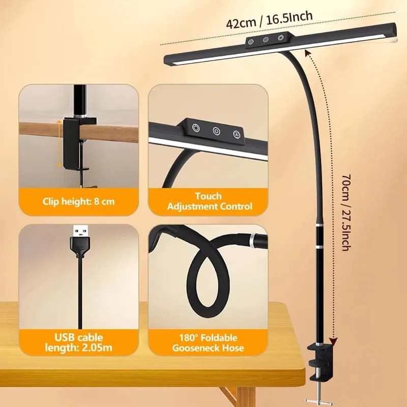 Luminária de mesa LED preta com controle touch, cabo USB 2,05m e suporte de fixação para mesa